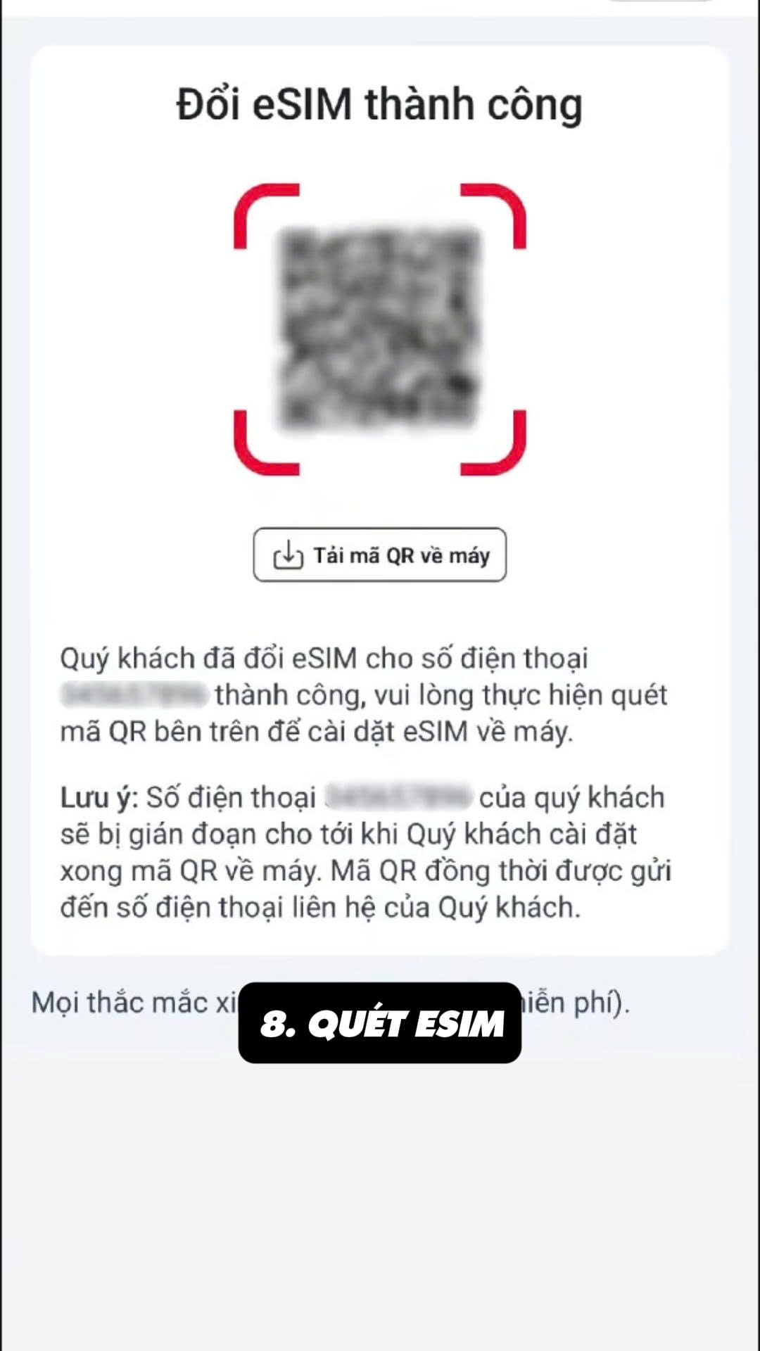 Minh họa bước 8: Nhận mã QR và cài eSIM