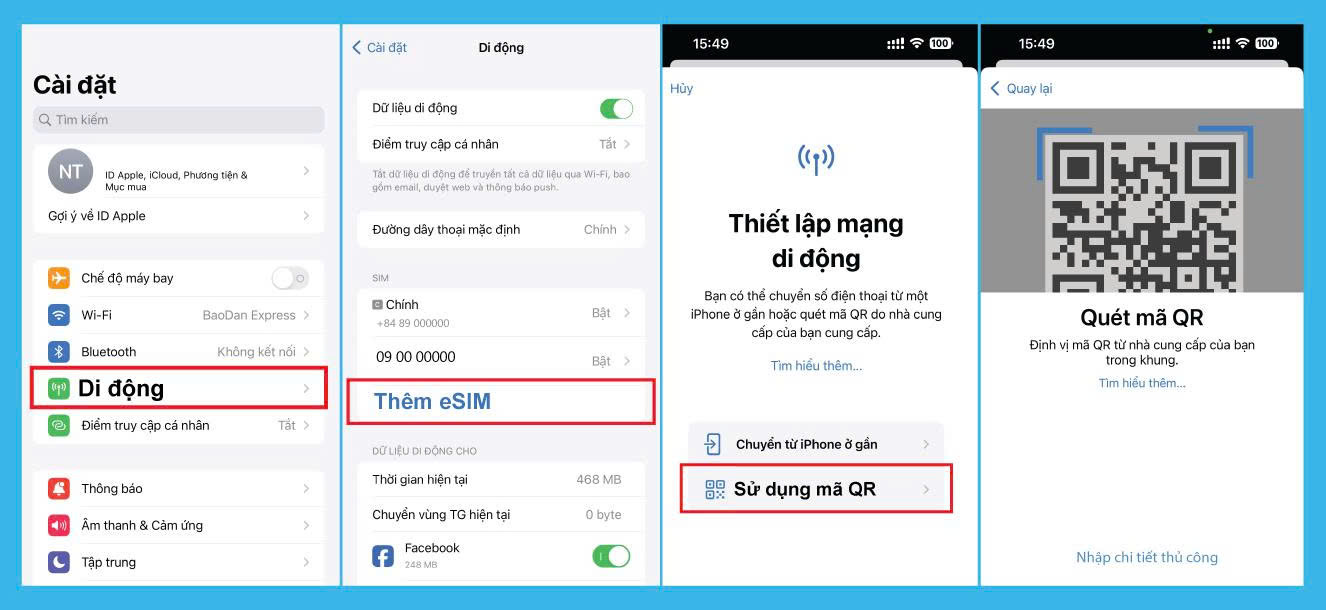 Các bước quét mã QR eSIM trên iPhone