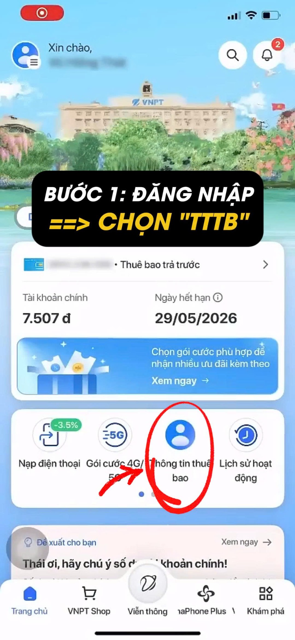 Bước 1: Đăng nhập và chọn Thông tin thuê bao