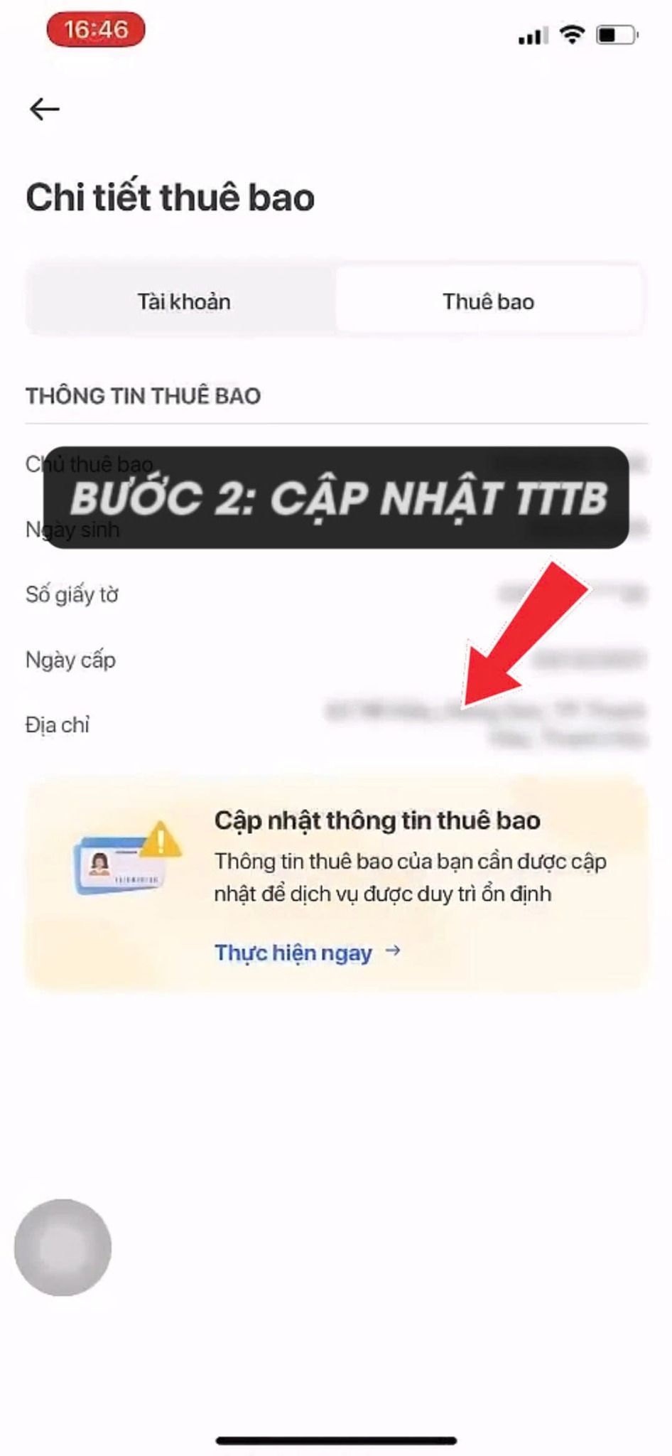 Bước 2: Chọn Cập nhật thông tin thuê bao